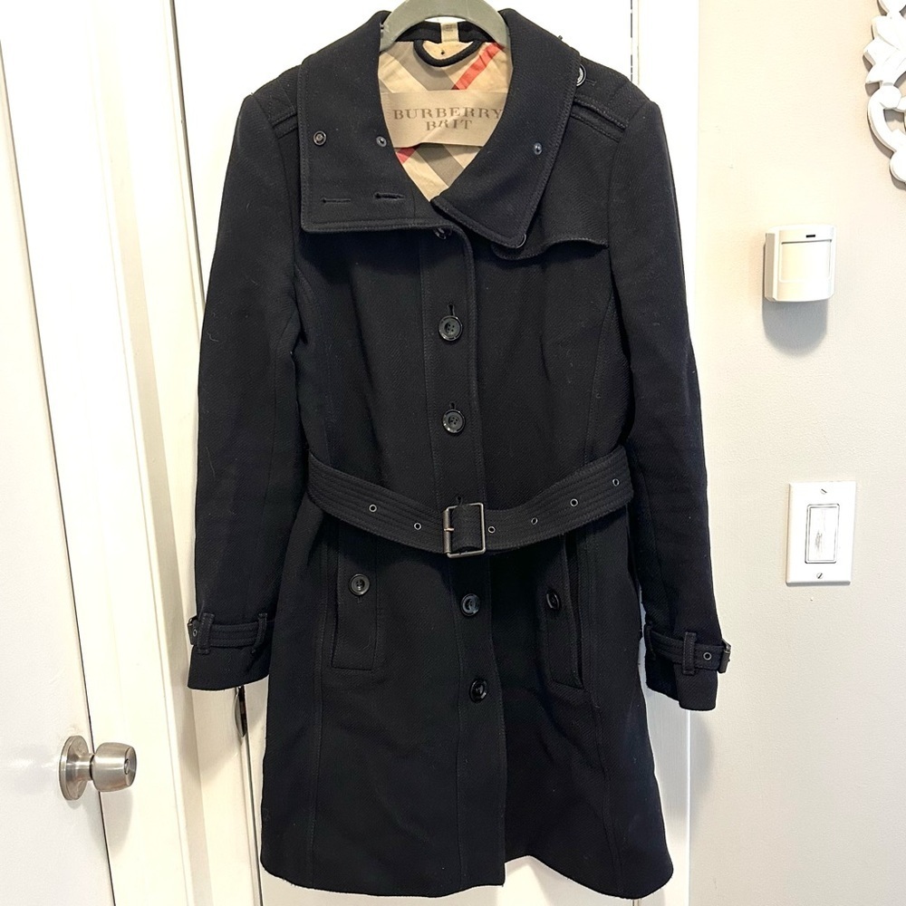 Burberry Brit Rushfield Wool Cashmere Blend Black Trench Coat 4 Shearling Collar - Picture 2 of 16